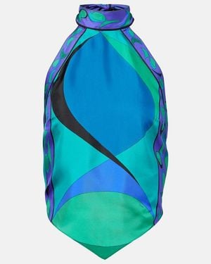 PUCCI Cigni Printed Halterneck Silk Top - Blue