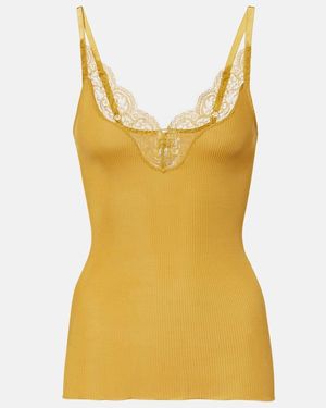 Saint Laurent Lace-Trimmed Ribbed-Knit Silk Tank Top - Yellow