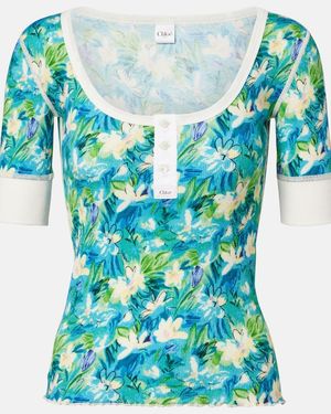 Chloé Floral Cotton-Blend Bowling Shirt - Blue