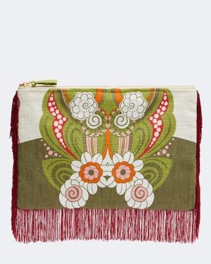 La DoubleJ Pouch De Lona De Algodon Estampado Con Flecos - Verde