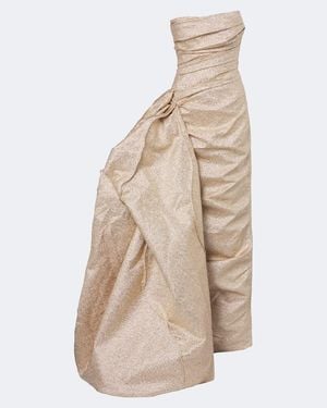 Marmar Halim Draped Pleated Brocade Bustier Gown - Natural