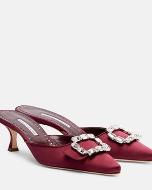 Manolo Blahnik Mayjou 50 Crystal-Embellished Satin Mules - Red