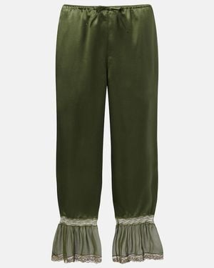 Saint Laurent Lace-Trimmed Silk Satin Straight Trousers - Green