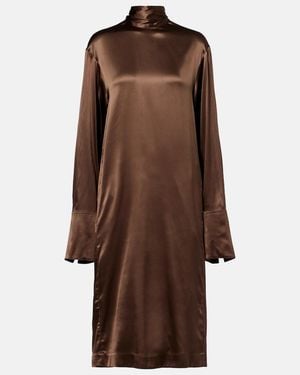 Dries Van Noten Turtleneck Silk-Blend Satin Midi Dress - Brown