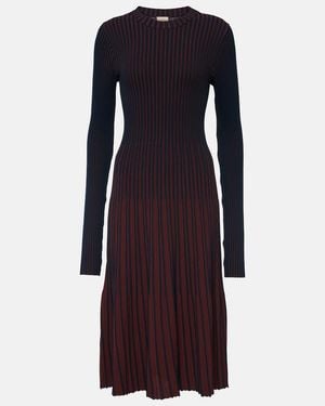 Tod's Striped Pleated Ribbed-Knit Midi Dress - Blue