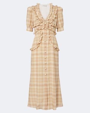 Alessandra Rich Ruffled Plaid Silk Midi Dress - Natural