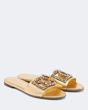 Dolce & Gabbana Dg Embellished Metallic Leather Slides - Natural
