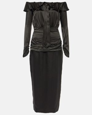 Alessandra Rich Off-Shoulder Silk Midi Dress - Black