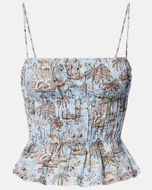 STAUD Floral Ruched Cotton Top - Blue