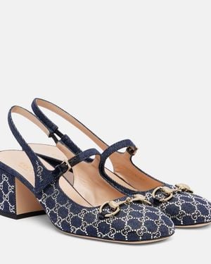 Gucci Lady Mary-Jane-Pumps Aus Denim Mit Kristallen Und Horsebit-Detail - Blau