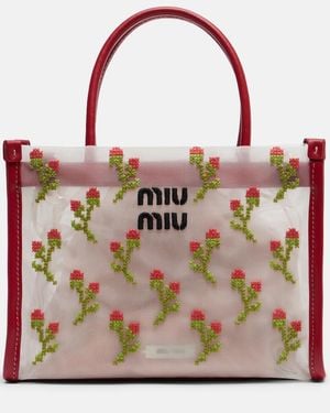 Miu Miu Embroidered Leather-Trimmed Mesh Top-Handle Bag - Pink