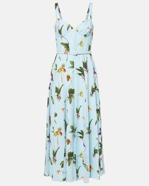 Oscar de la Renta Floral Belted Cady Midi Dress - Blue