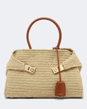 Ferragamo Hug Medium Raffia Shoulder Bag - Metallic