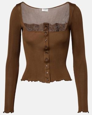 Saint Laurent Lace-Trimmed Ribbed-Knit Silk Jersey Top - Brown