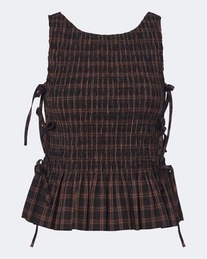Ganni Checked Shirred Cotton Top - Black