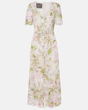 Monique Lhuillier Vestido Midi De Encaje Floral Con Cinturon - Blanco