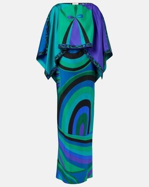 PUCCI Layered Printed Silk-Twill Maxi Dress - Blue