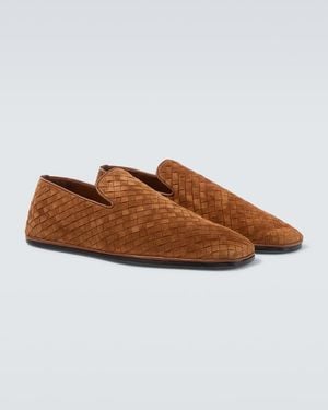 Bottega Veneta Palazzo Intrecciato Suede Slip-On Shoes - Brown