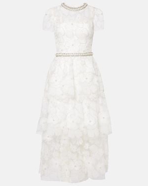 Self-Portrait Bridal Beaded Tulle Midi Dress - White