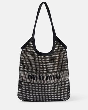 Miu Miu Logo Leather-Trimmed Crochet Tote Bag - Black