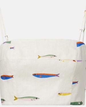 STAUD Federico Printed Linen Crop Top - White