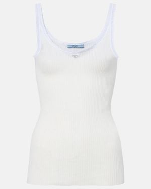 Prada Lace-Trimmed Ribbed-Knit Cotton Tank Top - White