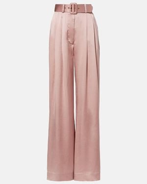 Zimmermann Belted Pleated Silk Satin Wide-Leg Trousers - Pink