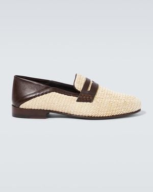 Manolo Blahnik Padstow Leather-Trimmed Raffia Penny Loafers - White