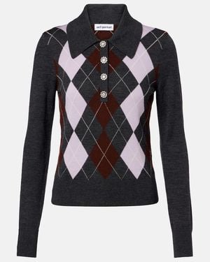 Self-Portrait Argyle Wool Polo Jumper - Black