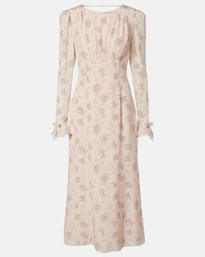Alessandra Rich Floral Open-Back Silk Midi Dress - Natural