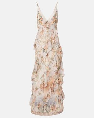CAMILLA Embellished Floral Ruffled Silk Maxi Dress - Natural