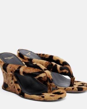 Balenciaga Gaeta Calf Hair Wedge Thong Sandals - Brown