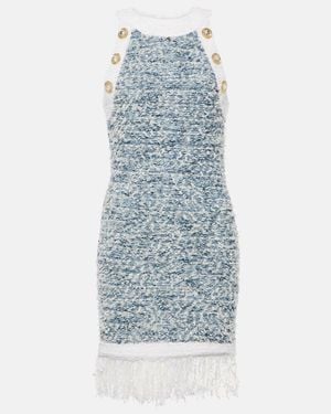 Balmain Fringed Bouclé Tweed Mini Dress - Blue