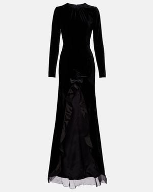 Alessandra Rich Ruched Silk-Trimmed Asymmetric Velvet Gown - Black