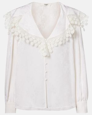 Chloé Lace-Trimmed Floral Jacquard Silk Blouse - White