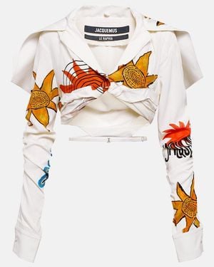 Jacquemus Graphic-Print Long-Sleeve Cropped Top - White