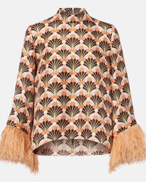 La DoubleJ Make An Exit Feather-Trimmed Silk Twill Top - Brown