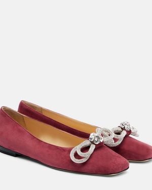 Mach & Mach Double Bow Embellished Suede Ballet Flats - Red