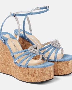Mach & Mach Double Heart Denim Wedges - Blue