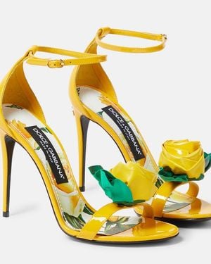 Dolce & Gabbana Keira Floral-Applique Patent Leather Sandals - Yellow