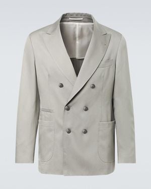 Brunello Cucinelli Double-Breasted Silk Suit Jacket - Grey