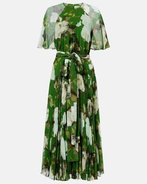 Erdem Floral-Print Short Sleeve Stretch-Cady Midi Dress - Green