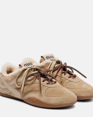 Miu Miu Gymnasium Shearling-Lined Suede Trainers - Brown