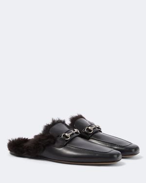 Gucci Slippers Horsebit Aus Leder Mit Shearling - Schwarz