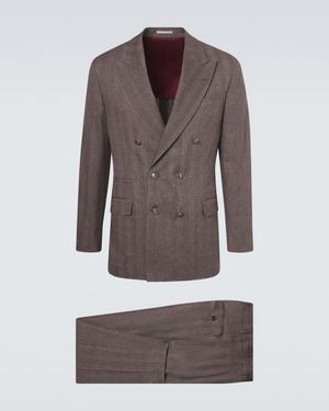Brunello Cucinelli Herringbone Linen And Wool Suit - Brown