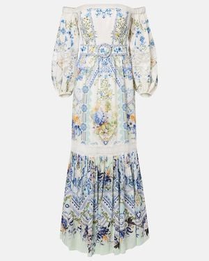 CAMILLA Floral Off-Shoulder Linen And Silk Maxi Dress - Blue