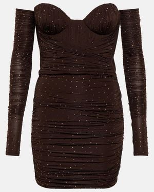 Alex Perry Koda Ruched Crystal-Embellished Stretch-Jersey Mini Dress And Gloves Set - Brown