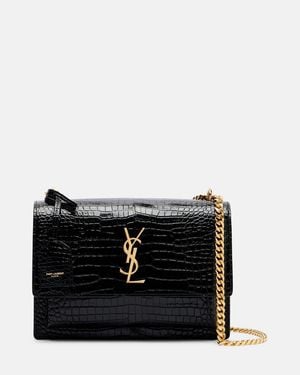 Saint Laurent Sunset Kleine Schultertasche Aus Lackleder Mit Krokodileffekt - Schwarz