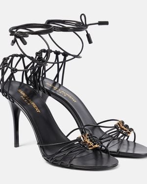 Saint Laurent Leather Stiletto Sandals With Bronze Ysl Logo - Black