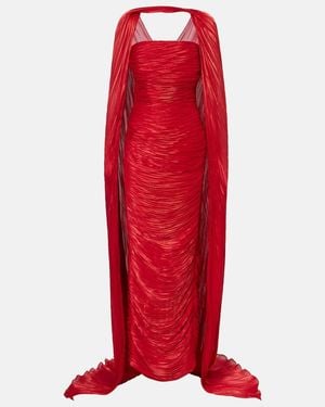 Marmar Halim Caped Pleated Bustier Gown - Red